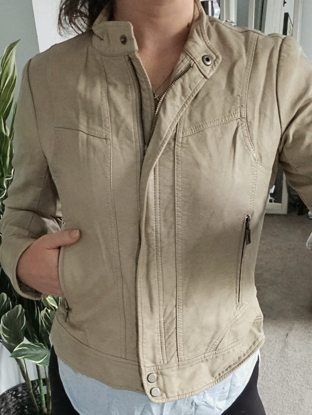Bernardo Light Taupe Leather Moto Jacket